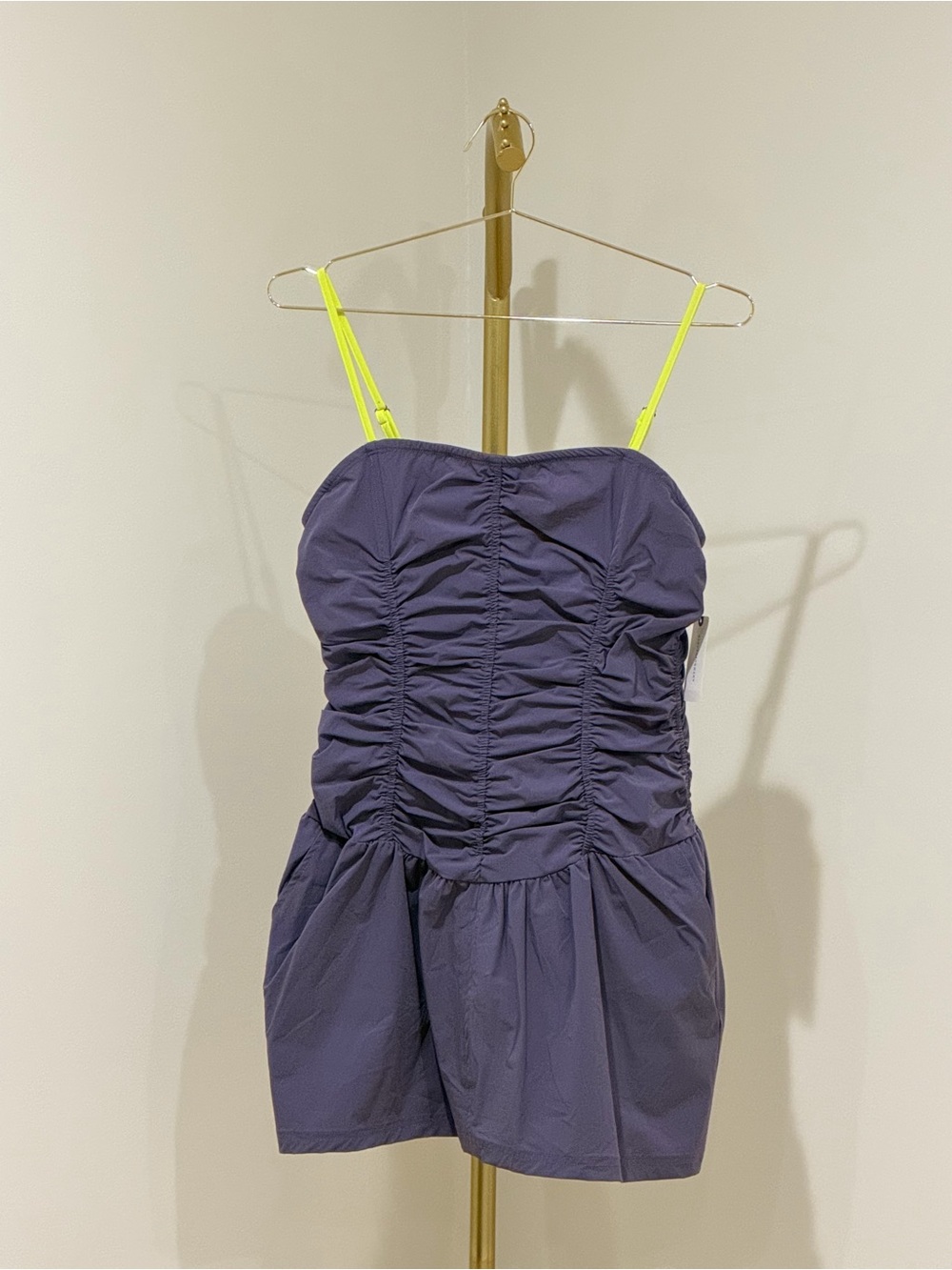 Ruched Purple Mini Dress with Neon Yellow Straps